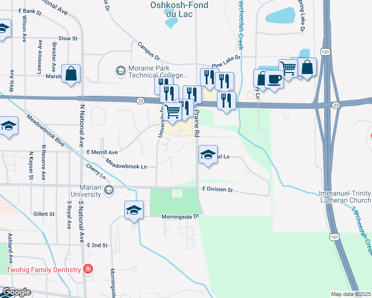 map of restaurants, bars, coffee shops, grocery stores, and more near 80 Prairie Road in Fond du Lac