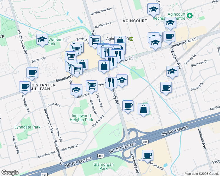 map of restaurants, bars, coffee shops, grocery stores, and more near 2206 Kennedy Road in Toronto