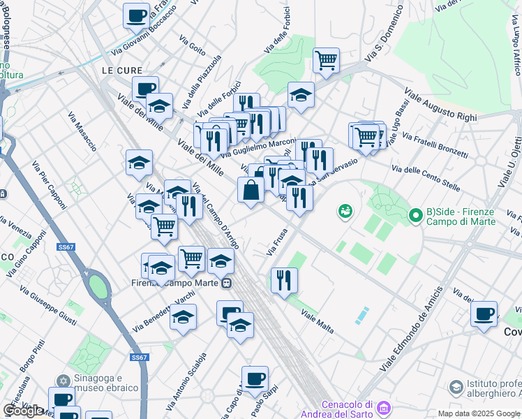 map of restaurants, bars, coffee shops, grocery stores, and more near 11 Viale dei Mille in Florence