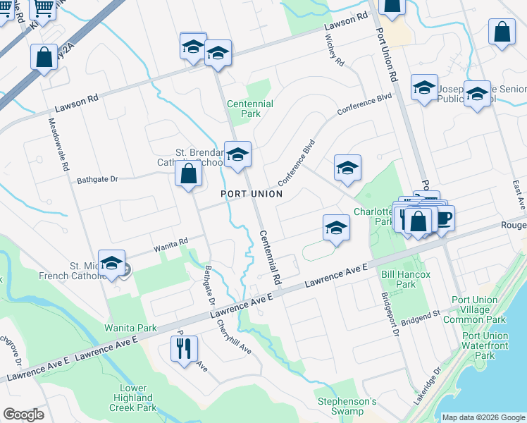 map of restaurants, bars, coffee shops, grocery stores, and more near 153 Centennial Road in Toronto