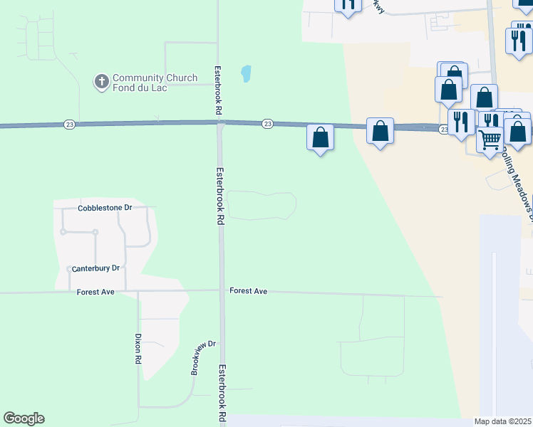 map of restaurants, bars, coffee shops, grocery stores, and more near W6854 Blue Heron Boulevard in Fond du Lac