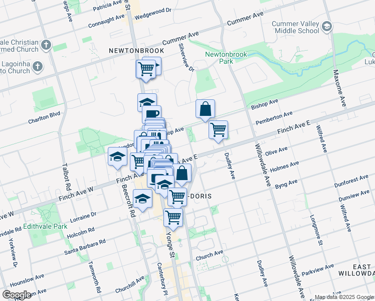 map of restaurants, bars, coffee shops, grocery stores, and more near 39 Pemberton Avenue in Toronto