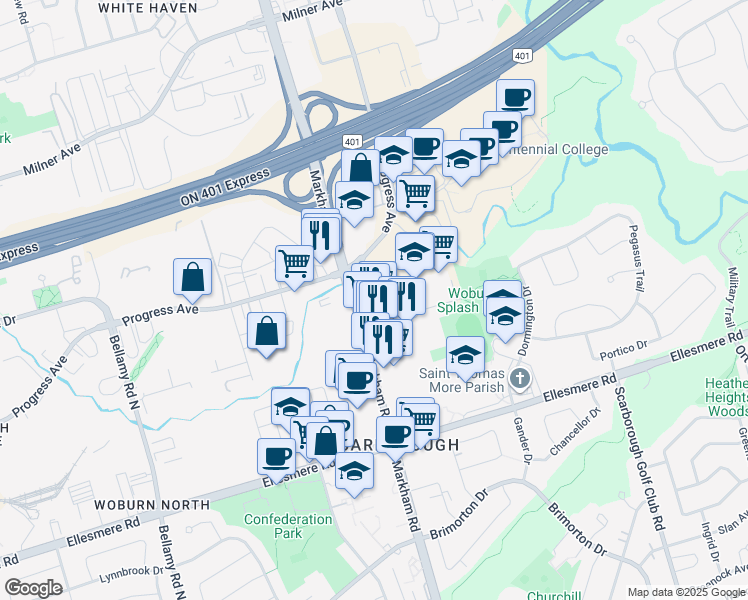 map of restaurants, bars, coffee shops, grocery stores, and more near 1275 Markham Road in Toronto