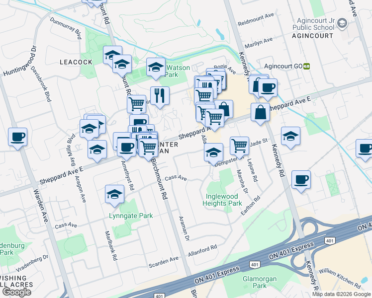 map of restaurants, bars, coffee shops, grocery stores, and more near 36 Neddie Drive in Toronto