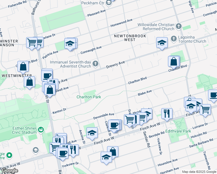 map of restaurants, bars, coffee shops, grocery stores, and more near 134 Charlton Boulevard in Toronto