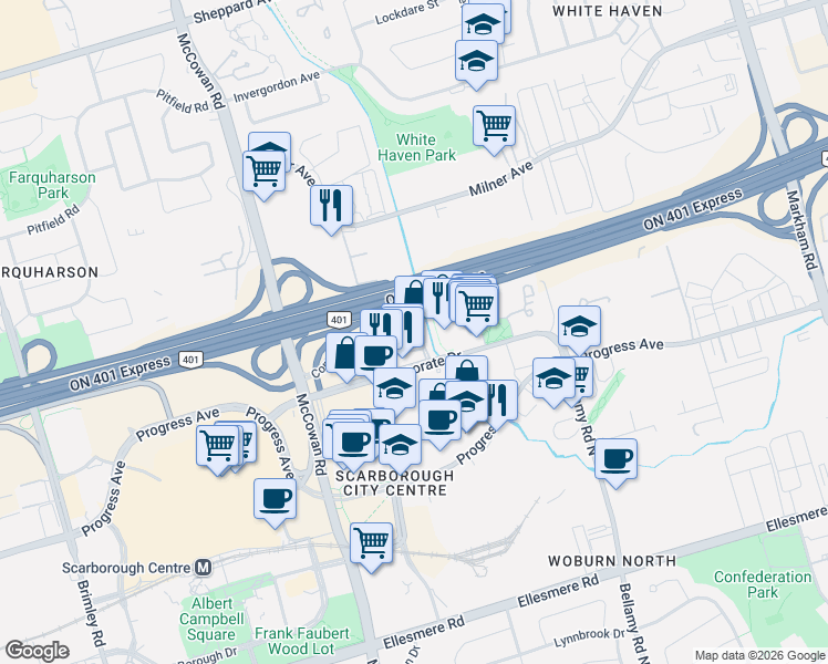 map of restaurants, bars, coffee shops, grocery stores, and more near 1795 Markham Road in Toronto