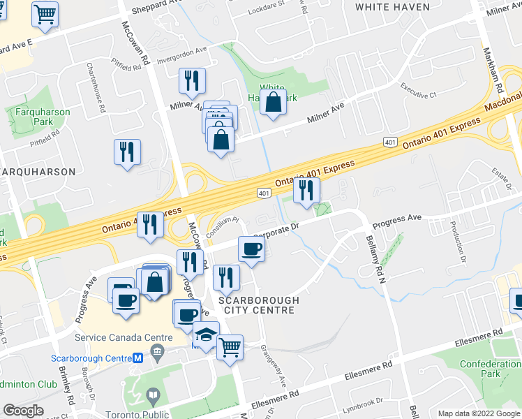 map of restaurants, bars, coffee shops, grocery stores, and more near 68 Corporate Drive in Toronto