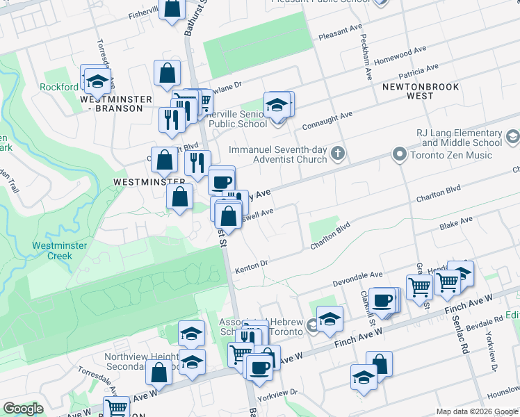 map of restaurants, bars, coffee shops, grocery stores, and more near 48 Transwell Avenue in Toronto