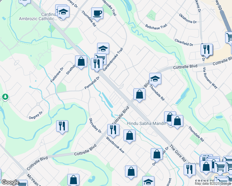 map of restaurants, bars, coffee shops, grocery stores, and more near 9452 The Gore Road in Brampton