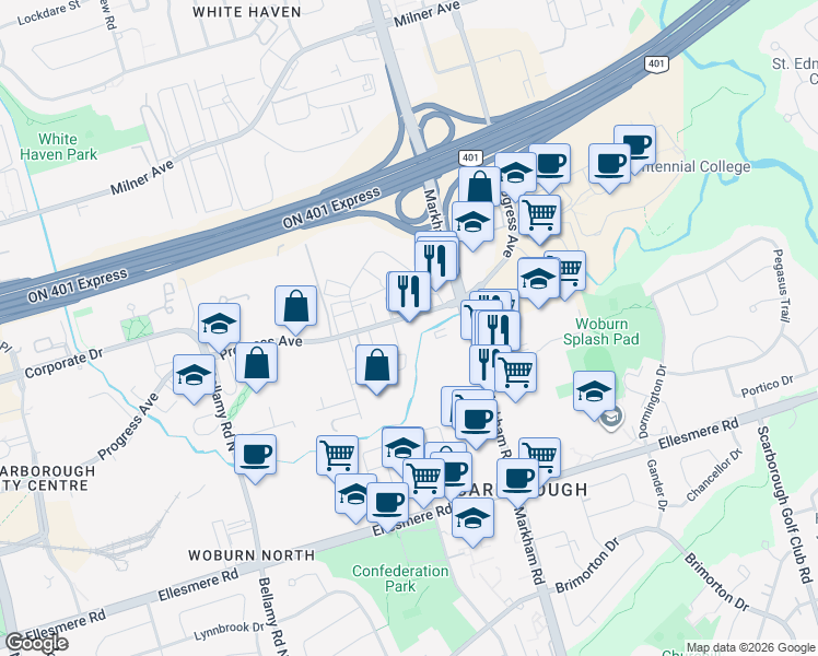 map of restaurants, bars, coffee shops, grocery stores, and more near 885 Progress Avenue in Toronto
