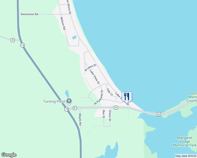 map of restaurants, bars, coffee shops, grocery stores, and more near N4202 Lake View Drive in Markesan