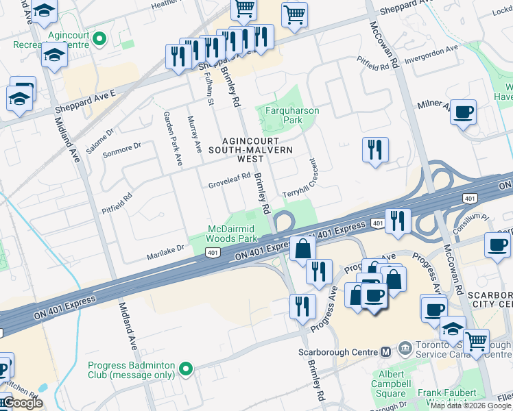 map of restaurants, bars, coffee shops, grocery stores, and more near 2 Grittani Lane in Toronto