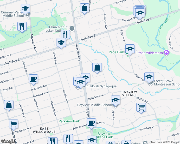 map of restaurants, bars, coffee shops, grocery stores, and more near 37 Canary Crescent in Toronto