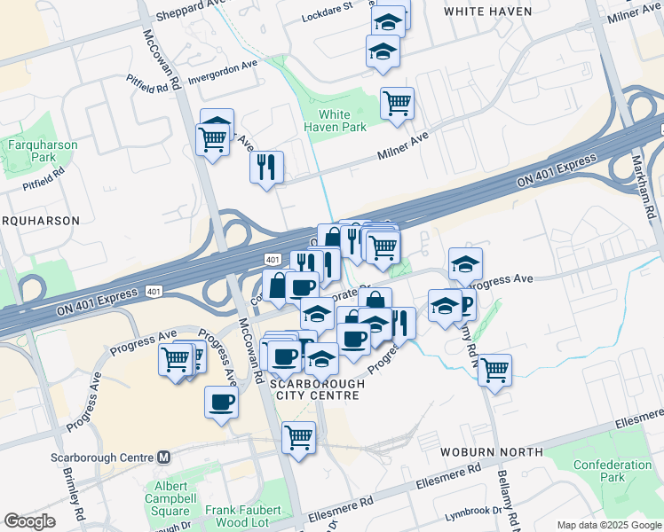 map of restaurants, bars, coffee shops, grocery stores, and more near 88 Corporate Drive in Toronto