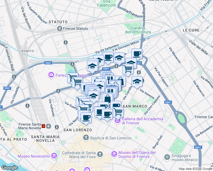 map of restaurants, bars, coffee shops, grocery stores, and more near 10 Via delle Ruote in Firenze