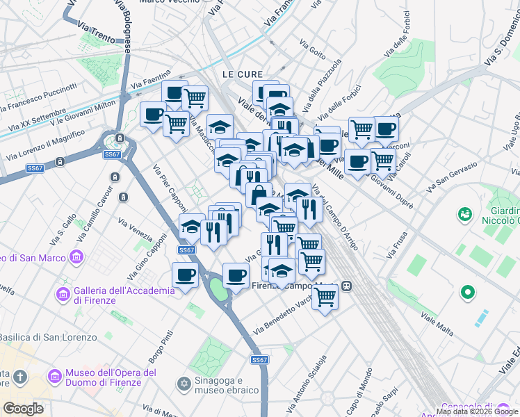 map of restaurants, bars, coffee shops, grocery stores, and more near 190 Via Masaccio in Firenze