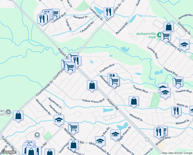 map of restaurants, bars, coffee shops, grocery stores, and more near 7 Treeline Boulevard in Brampton