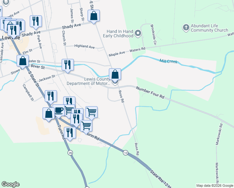 map of restaurants, bars, coffee shops, grocery stores, and more near 5418 Hemlock Drive in Lowville