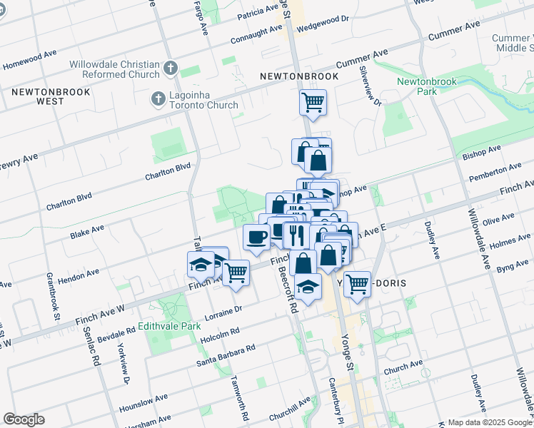map of restaurants, bars, coffee shops, grocery stores, and more near 40 Hendon Avenue in Toronto