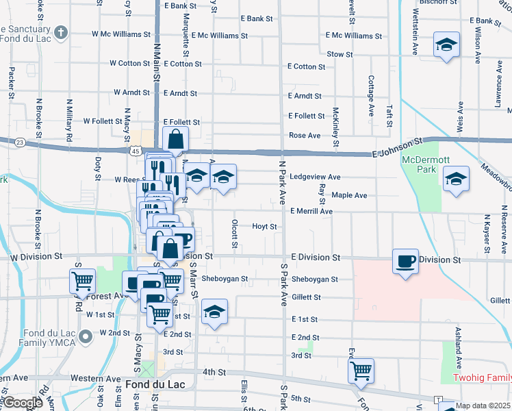 map of restaurants, bars, coffee shops, grocery stores, and more near 163 East Merrill Avenue in Fond du Lac