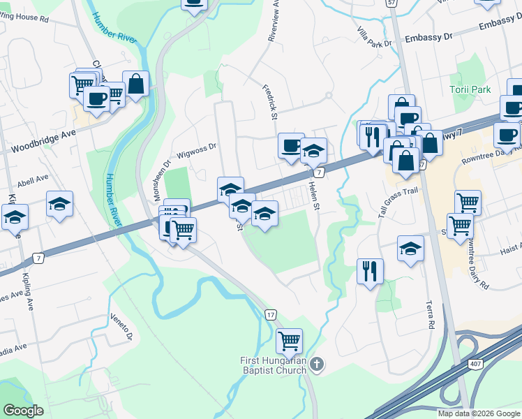 map of restaurants, bars, coffee shops, grocery stores, and more near in Vaughan