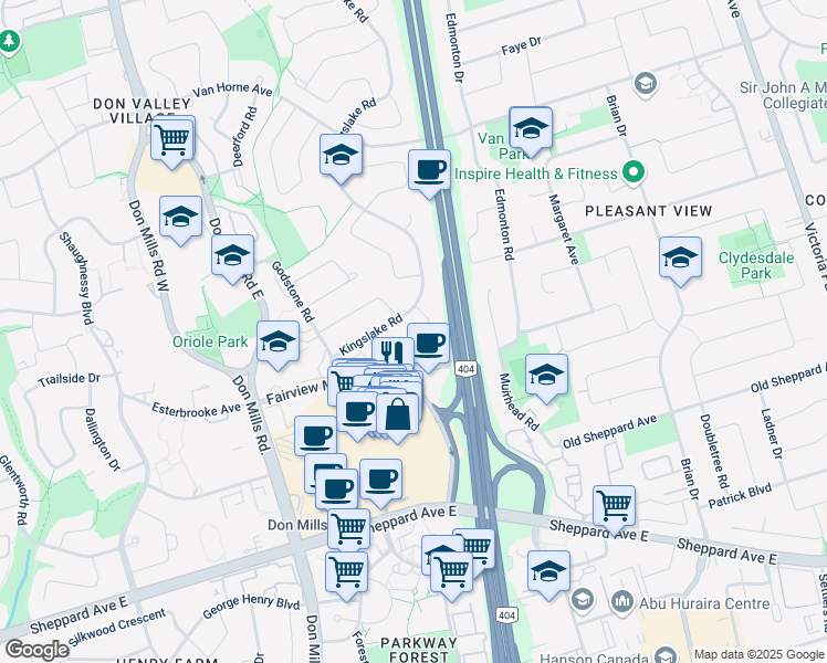 map of restaurants, bars, coffee shops, grocery stores, and more near 20 Allenbury Gardens in Toronto