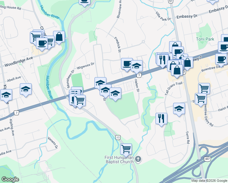 map of restaurants, bars, coffee shops, grocery stores, and more near 10 George Bogg Road in Vaughan