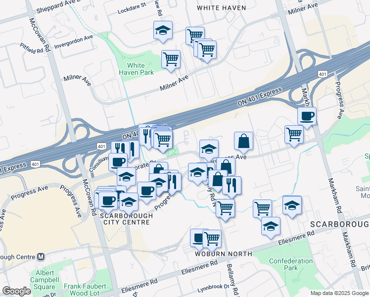 map of restaurants, bars, coffee shops, grocery stores, and more near 1 Lee Centre Drive in Toronto
