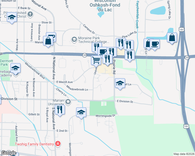 map of restaurants, bars, coffee shops, grocery stores, and more near 75 University Drive in Fond du Lac