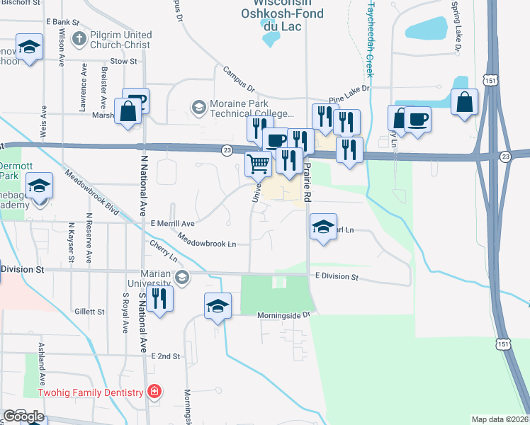 map of restaurants, bars, coffee shops, grocery stores, and more near 75 University Drive in Fond du Lac