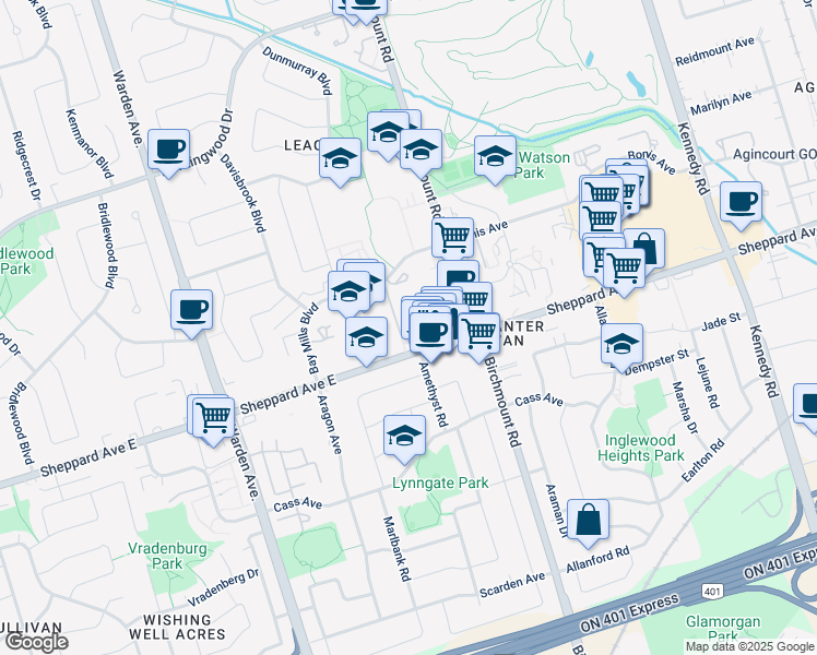 map of restaurants, bars, coffee shops, grocery stores, and more near 365 Bay Mills Boulevard in Toronto