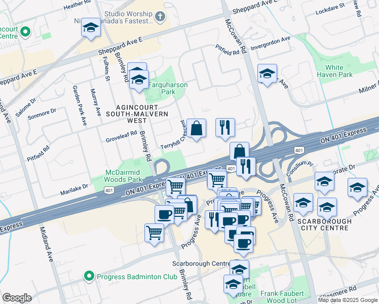 map of restaurants, bars, coffee shops, grocery stores, and more near 37 Snowhill Crescent in Toronto
