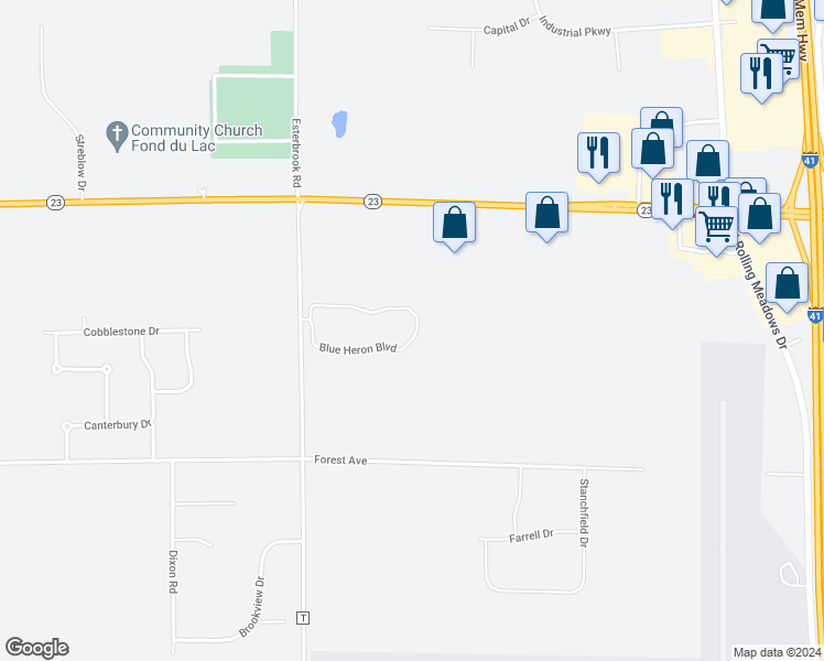 map of restaurants, bars, coffee shops, grocery stores, and more near 6830 Blue Heron Boulevard in Fond du Lac