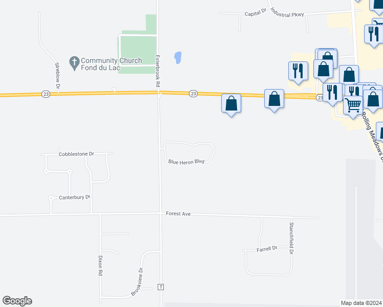 map of restaurants, bars, coffee shops, grocery stores, and more near W6854 Blue Heron Boulevard in Fond du Lac