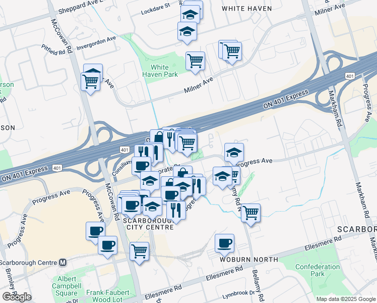 map of restaurants, bars, coffee shops, grocery stores, and more near 8 Lee Centre Drive in Toronto