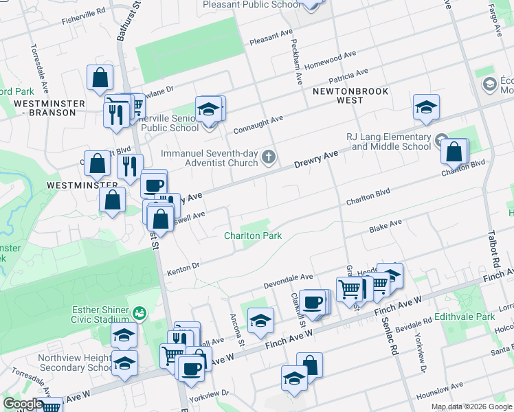 map of restaurants, bars, coffee shops, grocery stores, and more near 44 Dallas Road in Toronto