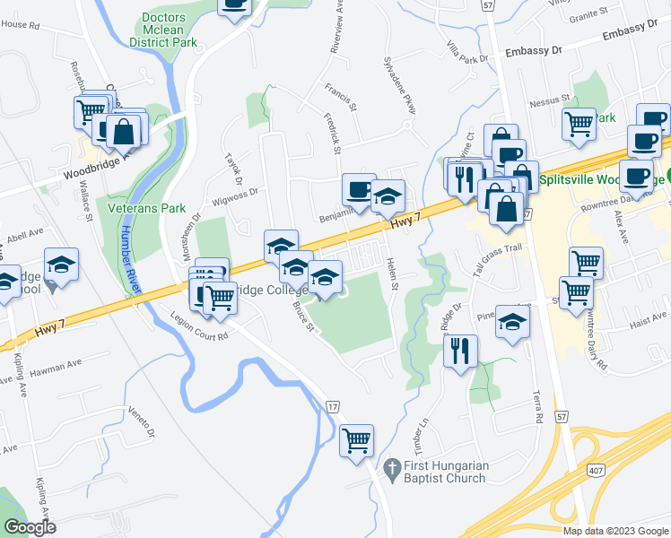 map of restaurants, bars, coffee shops, grocery stores, and more near 6 Isaac Devins Avenue in Vaughan