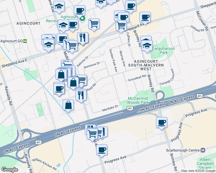 map of restaurants, bars, coffee shops, grocery stores, and more near 26 Summerglade Drive in Toronto