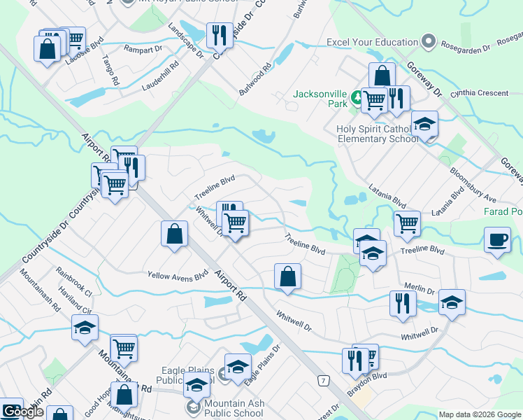 map of restaurants, bars, coffee shops, grocery stores, and more near 30 Bowsfield Drive in Brampton