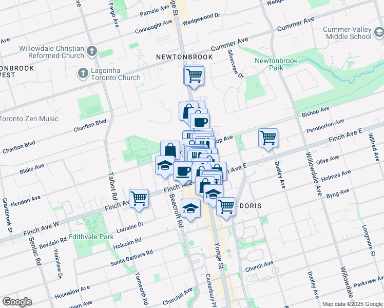 map of restaurants, bars, coffee shops, grocery stores, and more near in Toronto