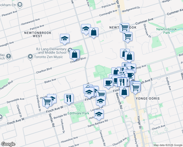 map of restaurants, bars, coffee shops, grocery stores, and more near 8 Gaslight Court in Toronto