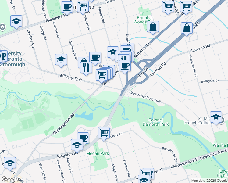 map of restaurants, bars, coffee shops, grocery stores, and more near 1635 Military Trail in Toronto