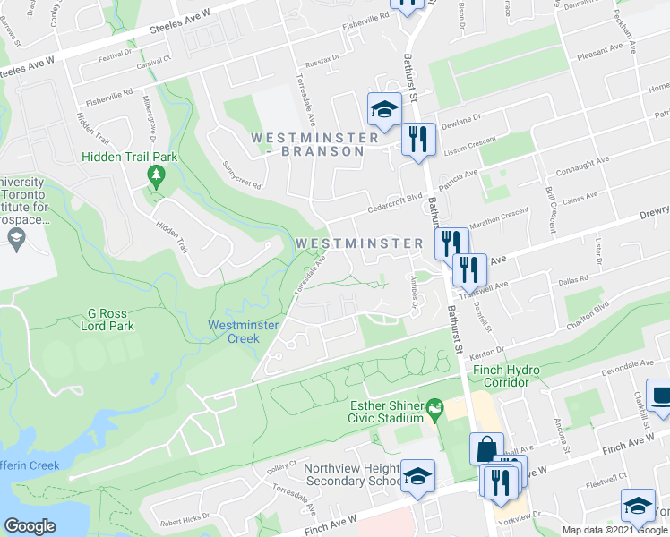 map of restaurants, bars, coffee shops, grocery stores, and more near 300 Antibes Drive in Toronto
