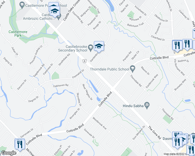map of restaurants, bars, coffee shops, grocery stores, and more near 54 Saint Grace Court in Brampton