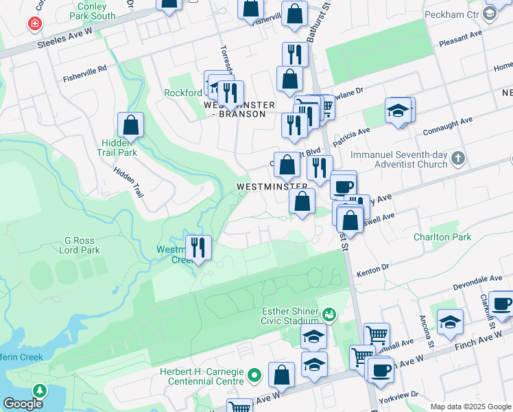 map of restaurants, bars, coffee shops, grocery stores, and more near 300 Antibes Drive in Toronto