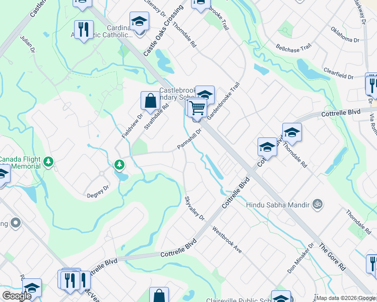 map of restaurants, bars, coffee shops, grocery stores, and more near 71 Skyvalley Drive in Brampton