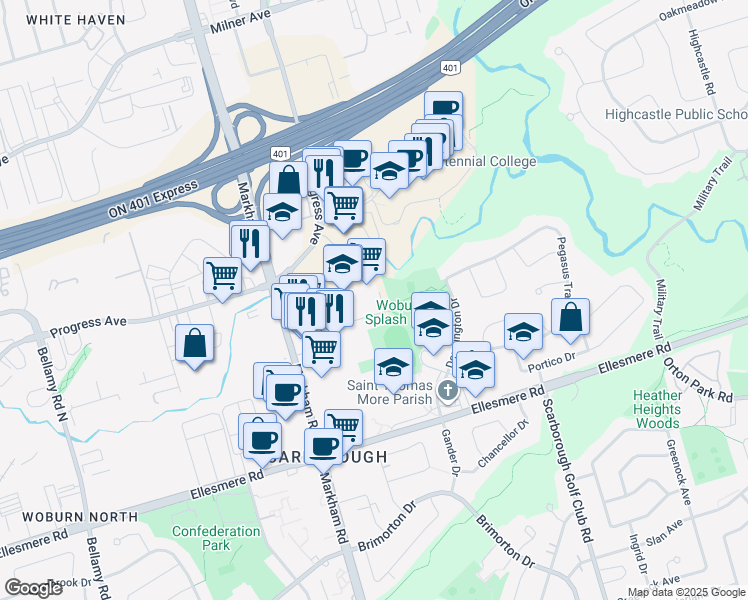 map of restaurants, bars, coffee shops, grocery stores, and more near 40 Tuxedo Court in Toronto