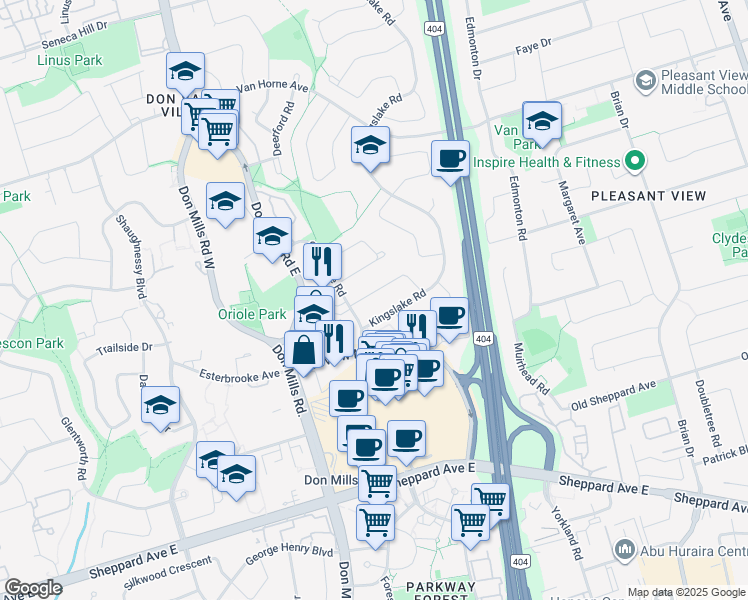 map of restaurants, bars, coffee shops, grocery stores, and more near in Toronto