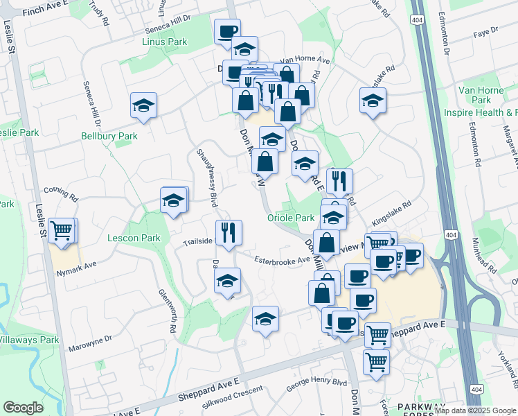 map of restaurants, bars, coffee shops, grocery stores, and more near 2980 Don Mills Road West in Toronto