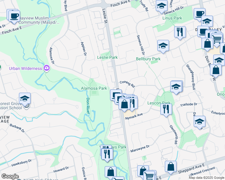 map of restaurants, bars, coffee shops, grocery stores, and more near in Toronto